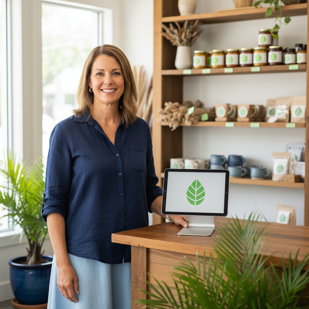 Small business owner smiling behind the counter of their shop