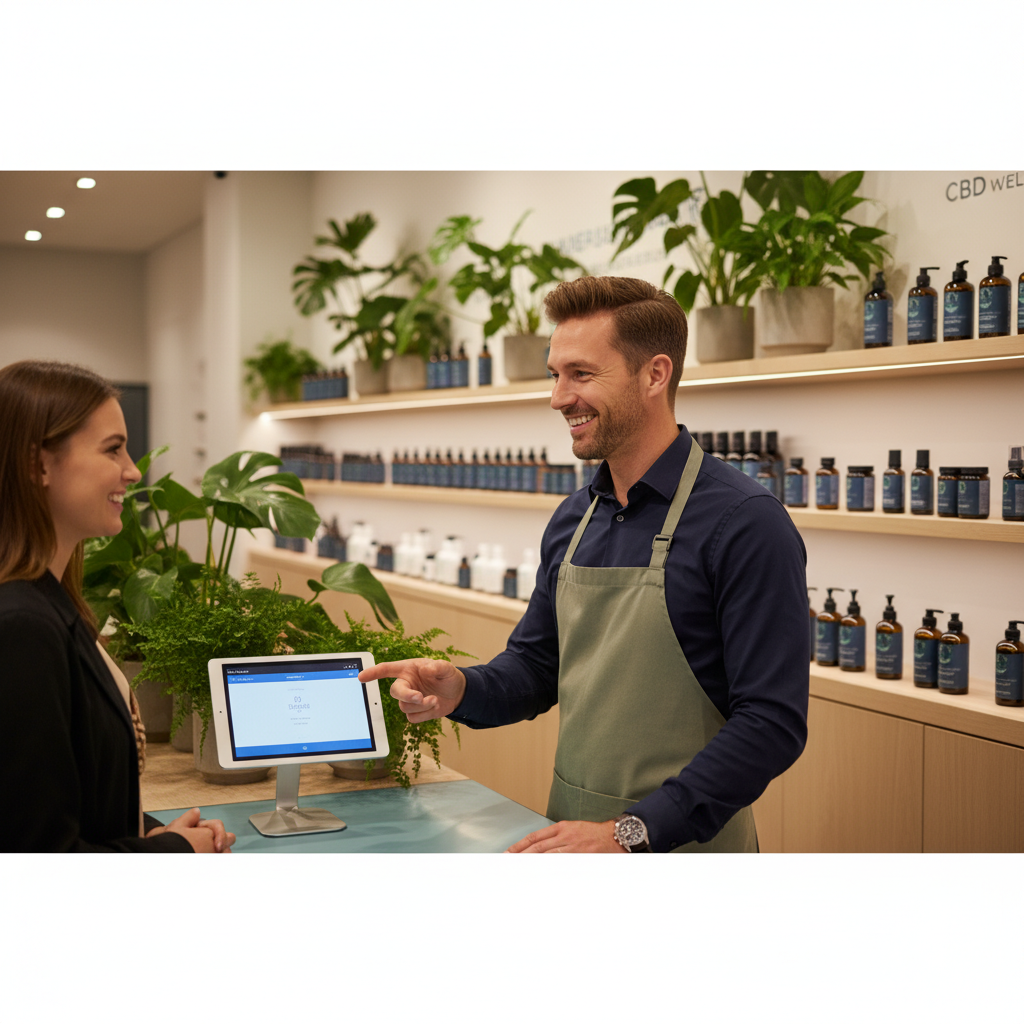 Owner of a CBD retail shop checking out a customer