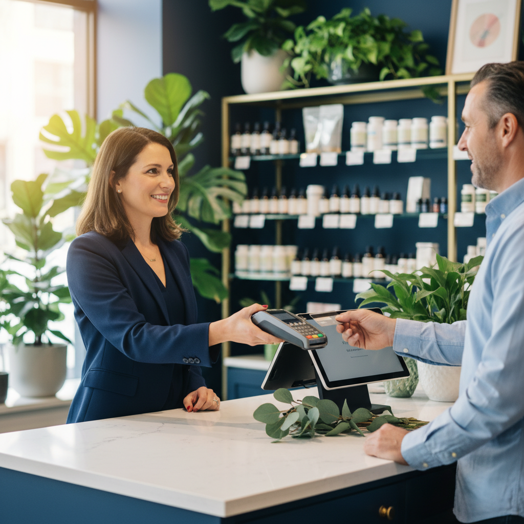 Owner of a CBD retail store accepting a card payment at the counter